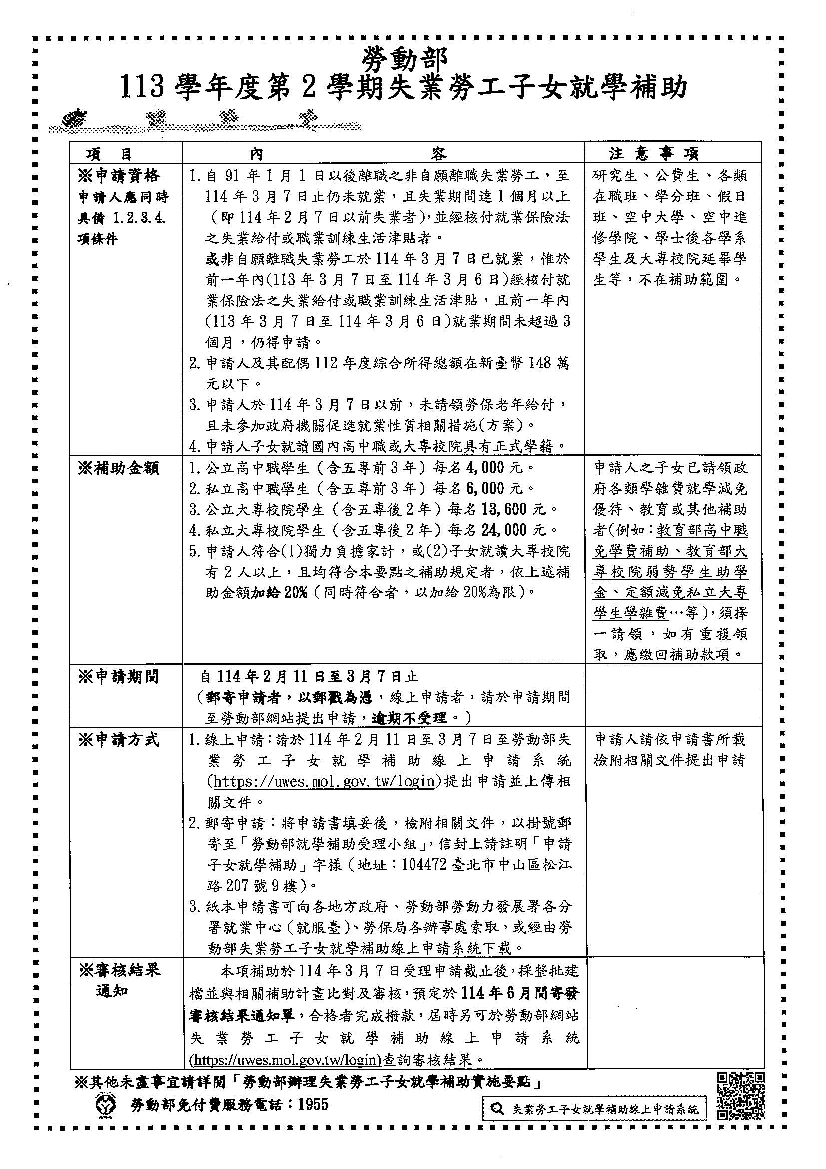 劳动部 113学年度第2学期失业劳工子女就学补助